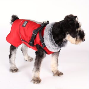 Cozy Winter Coat for your dog with a Reflective Stripe along the spine for safety. High faux fur collar and extra length covers the entire back, keeping them extra warm during the coldest days